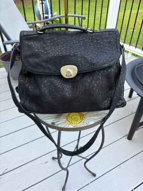 See by Chloé Vintage Black Ostrich-Embossed Leather Satchel Messenger Bag